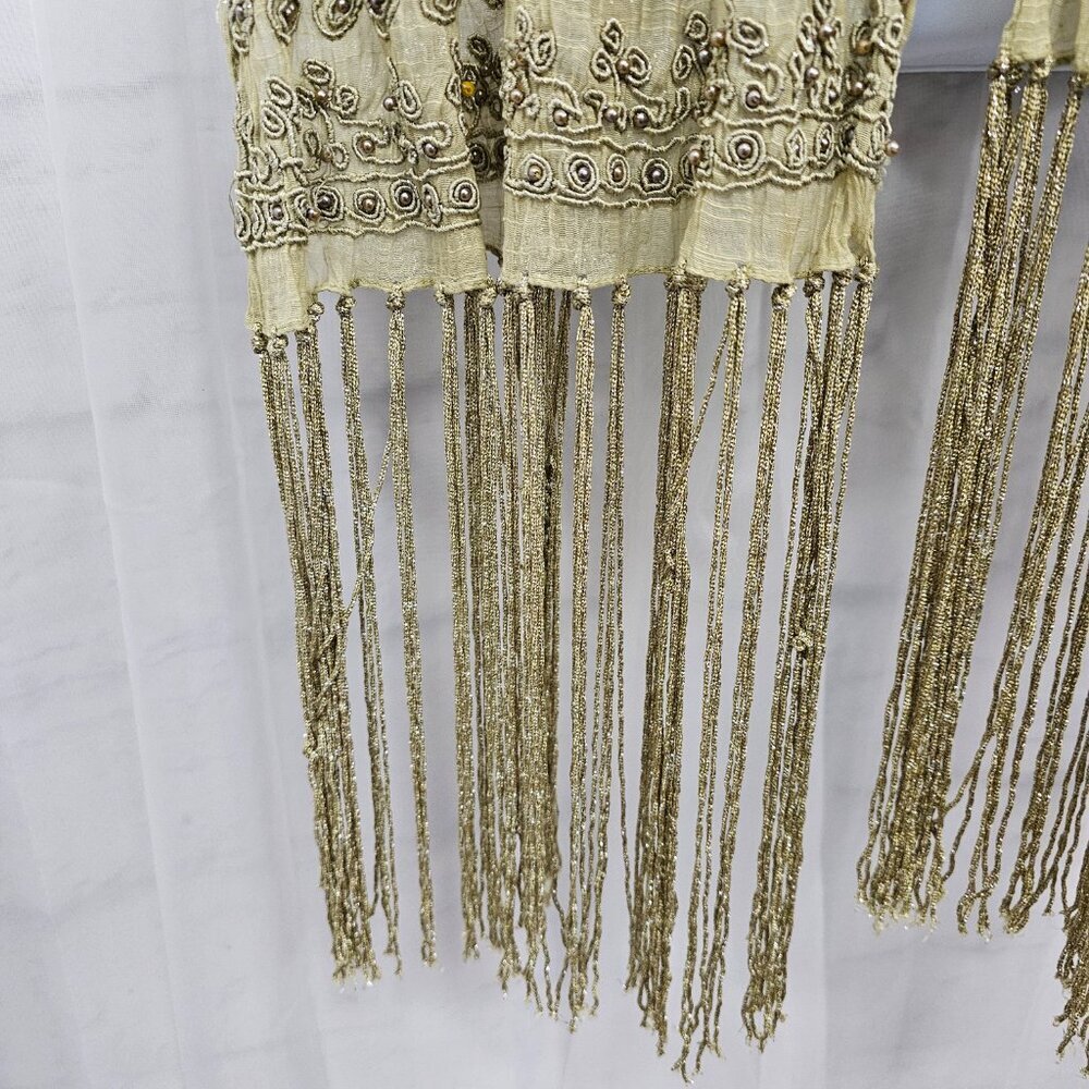 Green Boho Sheer Beaded Embroidered Shimmery Fringed Scarf - Picture 4 of 12